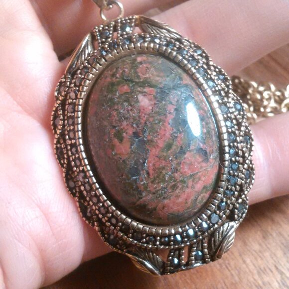 Unakite and Marcasite Goldtone Pendant Necklace - Picture 12 of 15